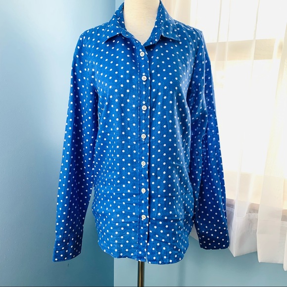 J. Crew Blue Linen Perfect Button Down with White Polka Dots - Picture 2 of 8